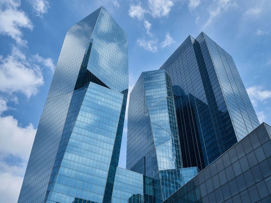 Glass towers in a financial district